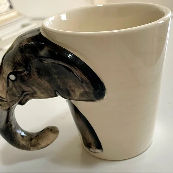 Elephant Head Unique Trunk Handle Ceramic Mug, Made in Thailand, Beige & White. - Picture 6 of 9